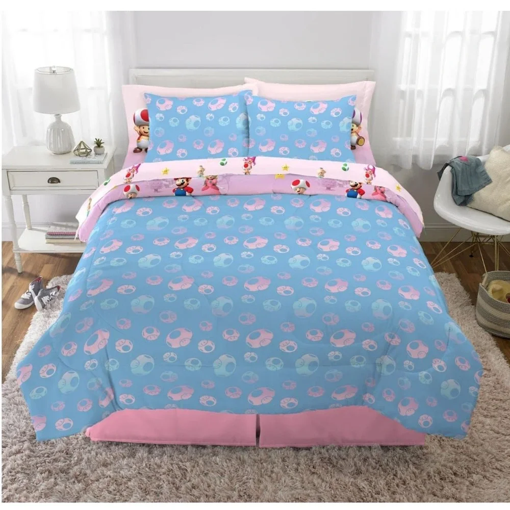 NEW 7 PIECE SUPER MARIO PRINCESS PEACH REVERSIBLE QUEEN COMFORTER AND SHEET SET